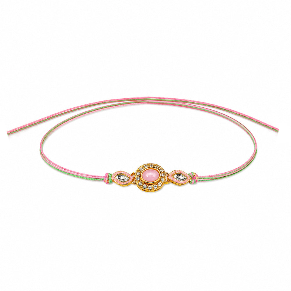 Pastel Pink Oval Stone and Kundan Designer Rakhi