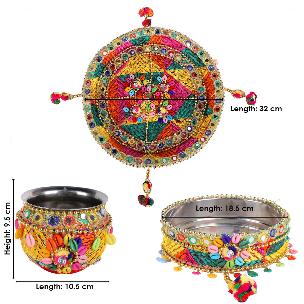 11 Pc Multicolor Thread Work Karwa Chauth Thali Set