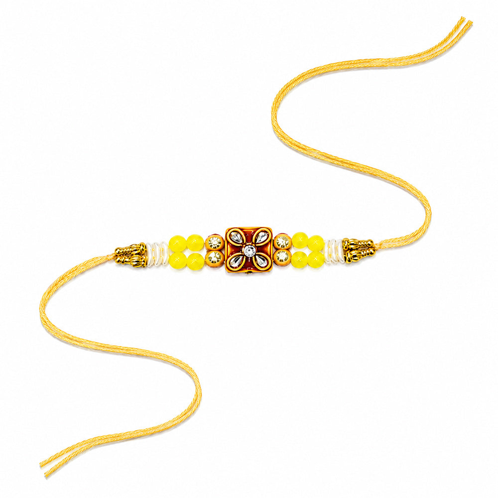 Bright Yellow Beaded Square Floral Kundan Medallion Rakhi