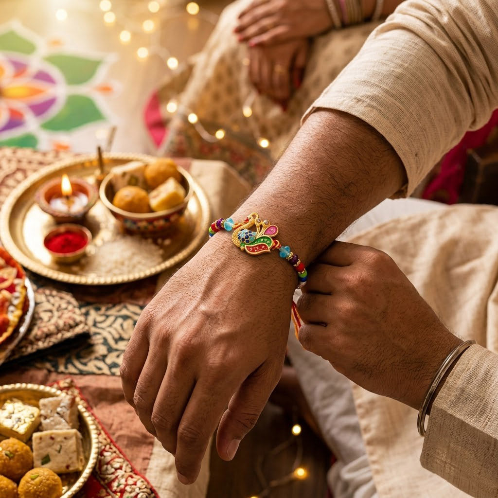 Multicolor Peacock Meenakari Swastik Designer Rakhi (Set of 2)