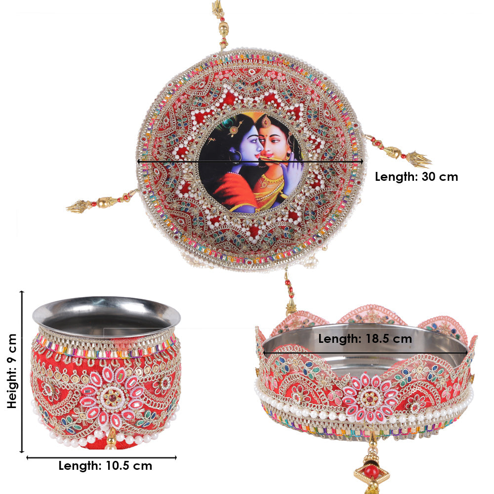 11 Pc Elegant Red Embroidery Karwa Chauth Thali Set