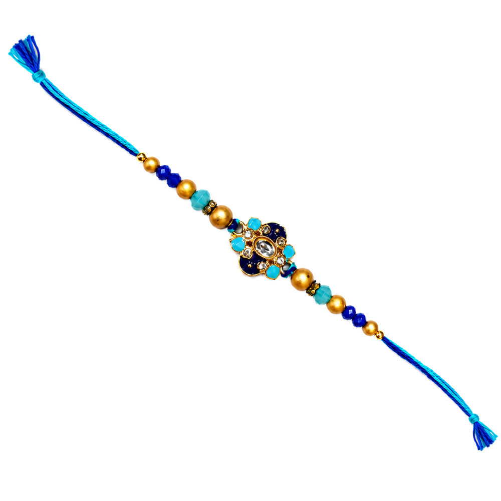 Handcrafted Floral Blue Meenakari and Beaded Rakhi