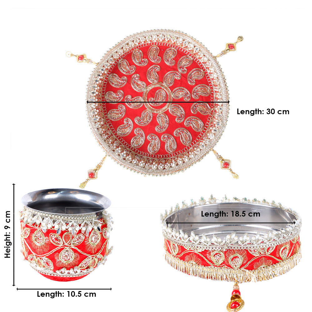 11 Pc Red Embroidery Karwa Chauth Thali Set