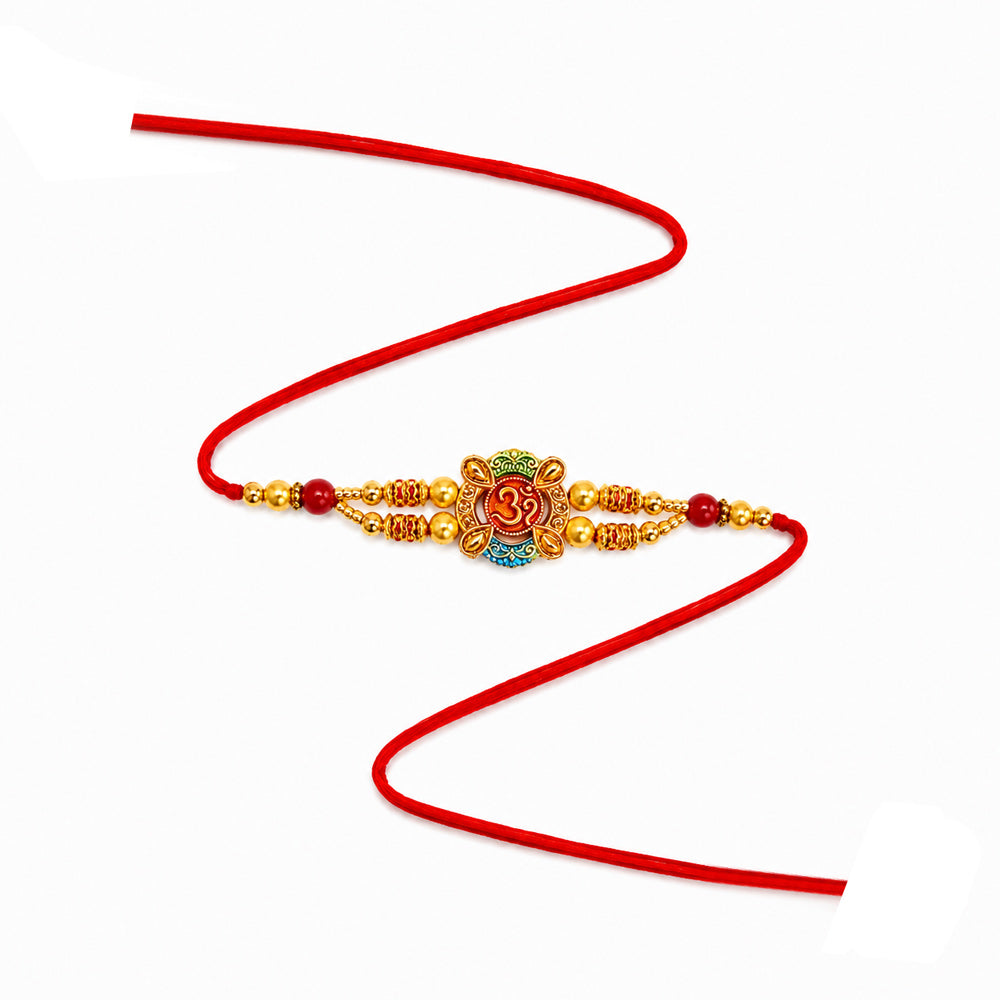 Sacred Om Center Golden Beaded Red Thread Rakhi