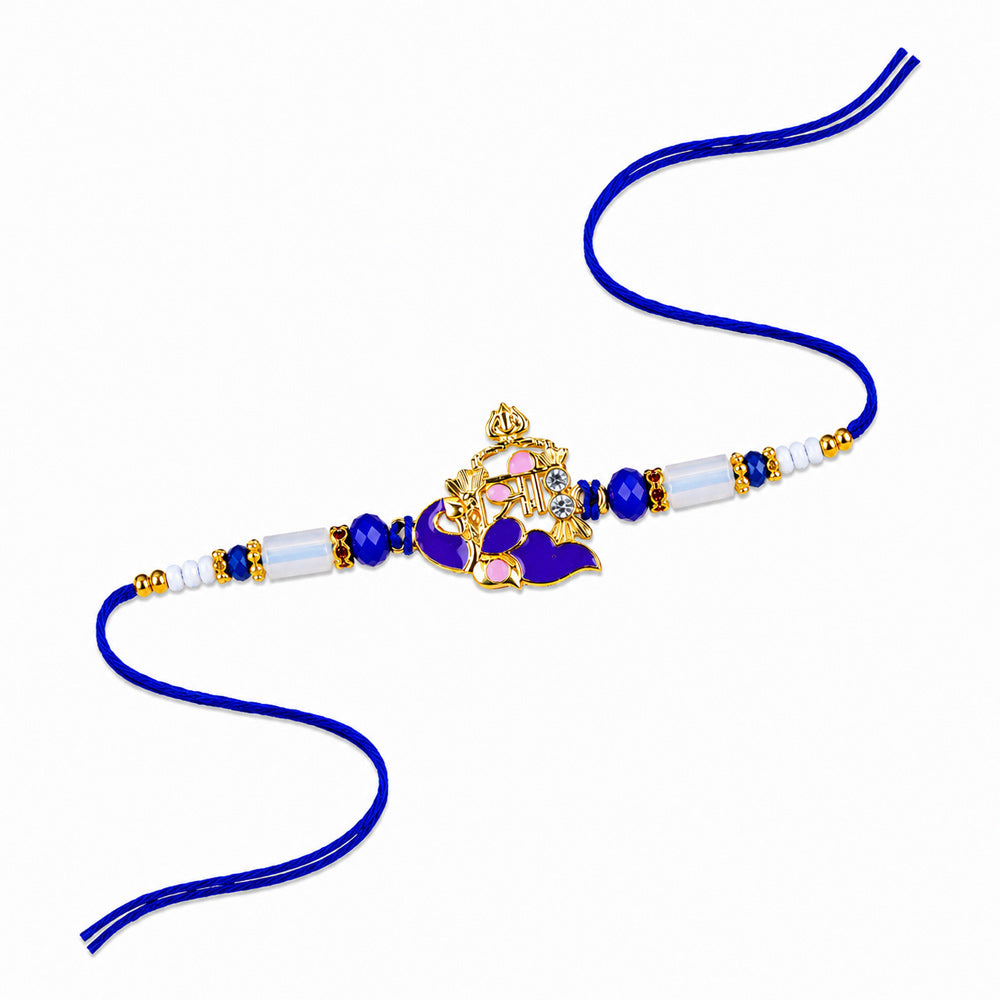 Royal Blue Crystal and Gold Accent Shree Charm Rakhi
