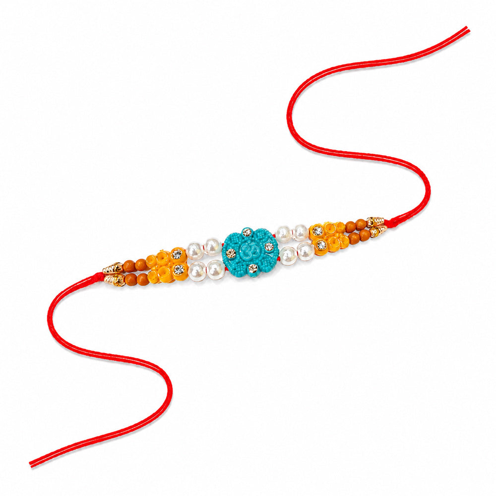 Handcrafted Turquoise Carved Om Symbol Flower Motif Rakhi