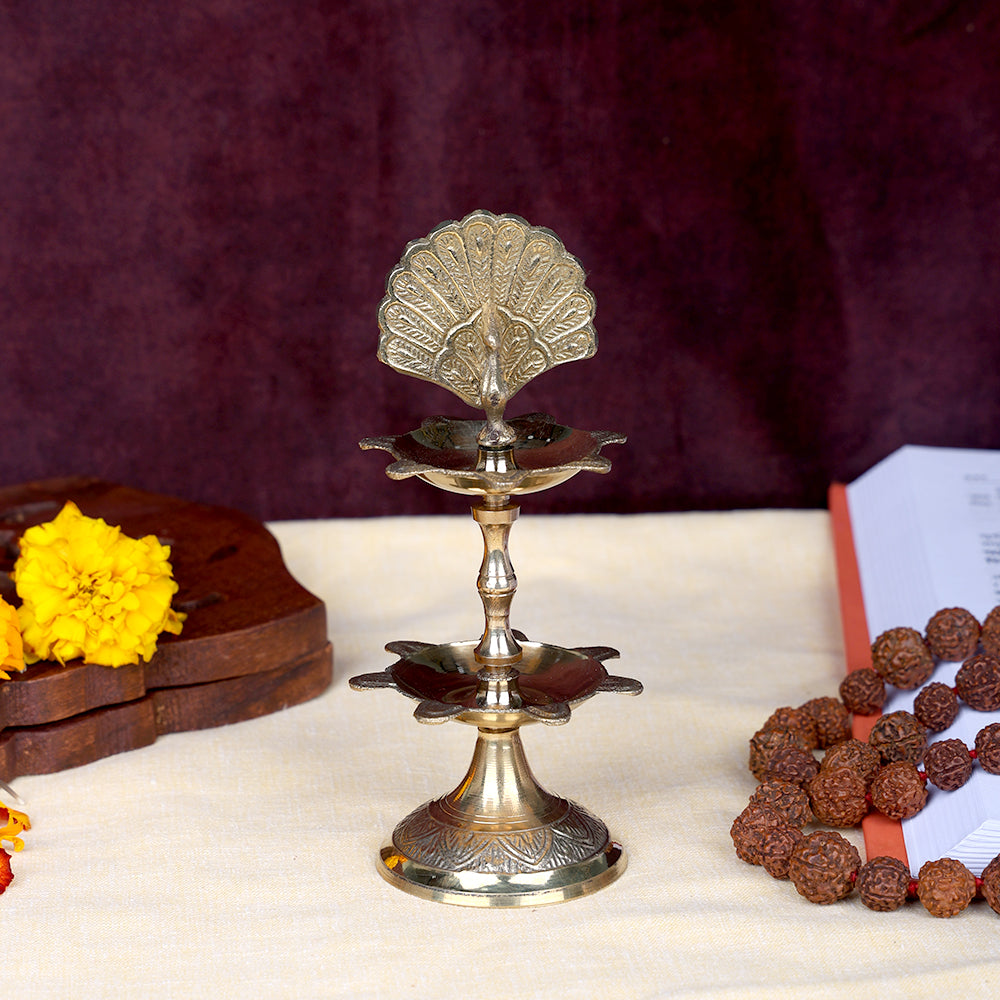 6.1 inch brass flying peacock 2 step Kerala Samai Deepam diya for pooja and temple use. India’s Largest Pooja Accessories Brand – www.satvikstore.in