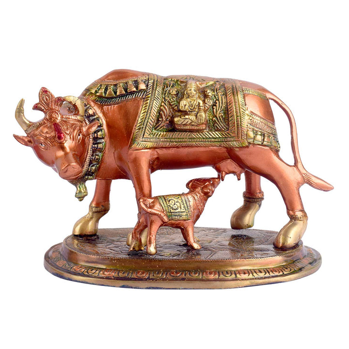 6.7 inch antique brass Kamdhenu cow with calf idol, symbolizing prosperity, wealth, and divine blessings. India’s Largest Brass Idols Brand - www.satvikstore.in