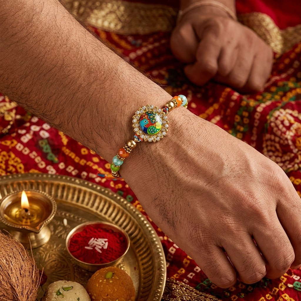 Royal Blue Lotus Peacock Meenakari Rakhi (Set of 2)