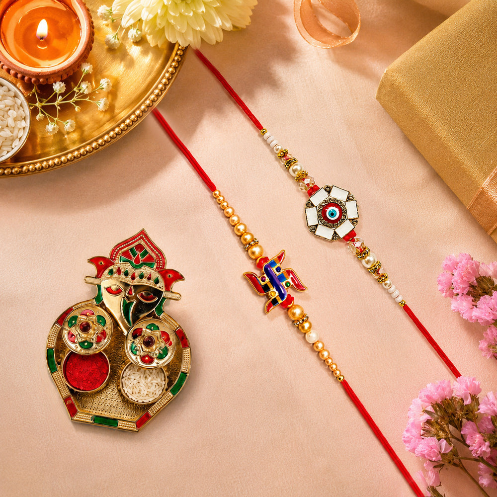 Auspicious Swastik and Enamel Evil Eye Designer Rakhi (Set of 2)