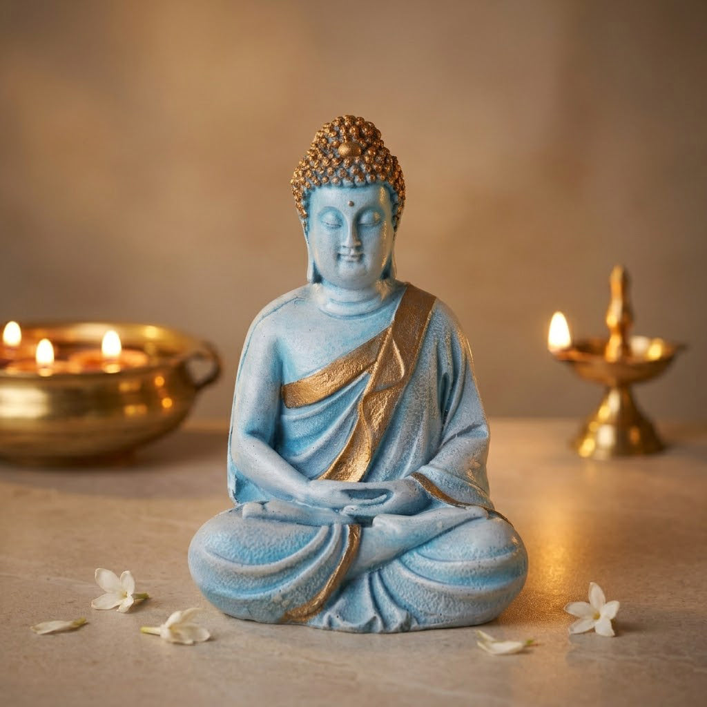 Meditating Cerulean Blue Buddha Resin Statue