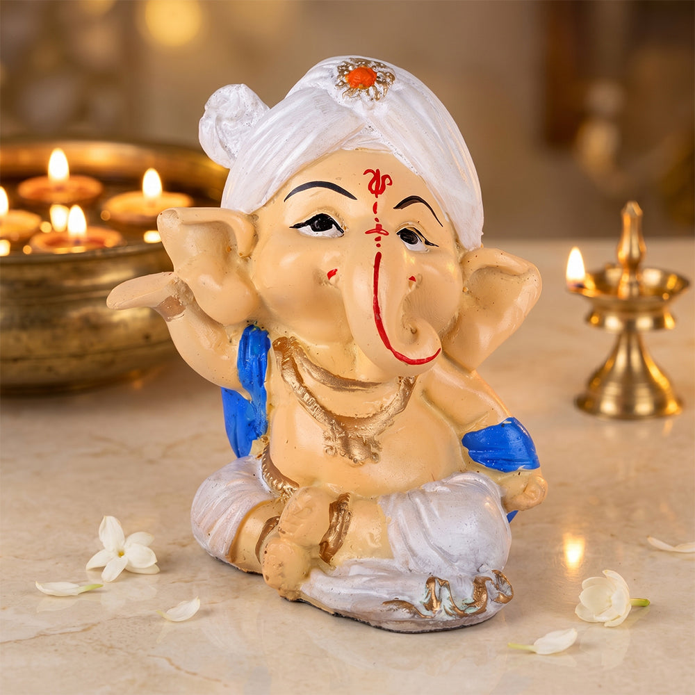 Premium Hand-Painted Bal Ganpati Turban Resin Statue