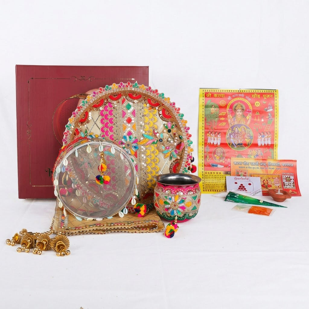 11 Pc Golden Criss Cross Peacock Designer Karwa Chauth Thali Set