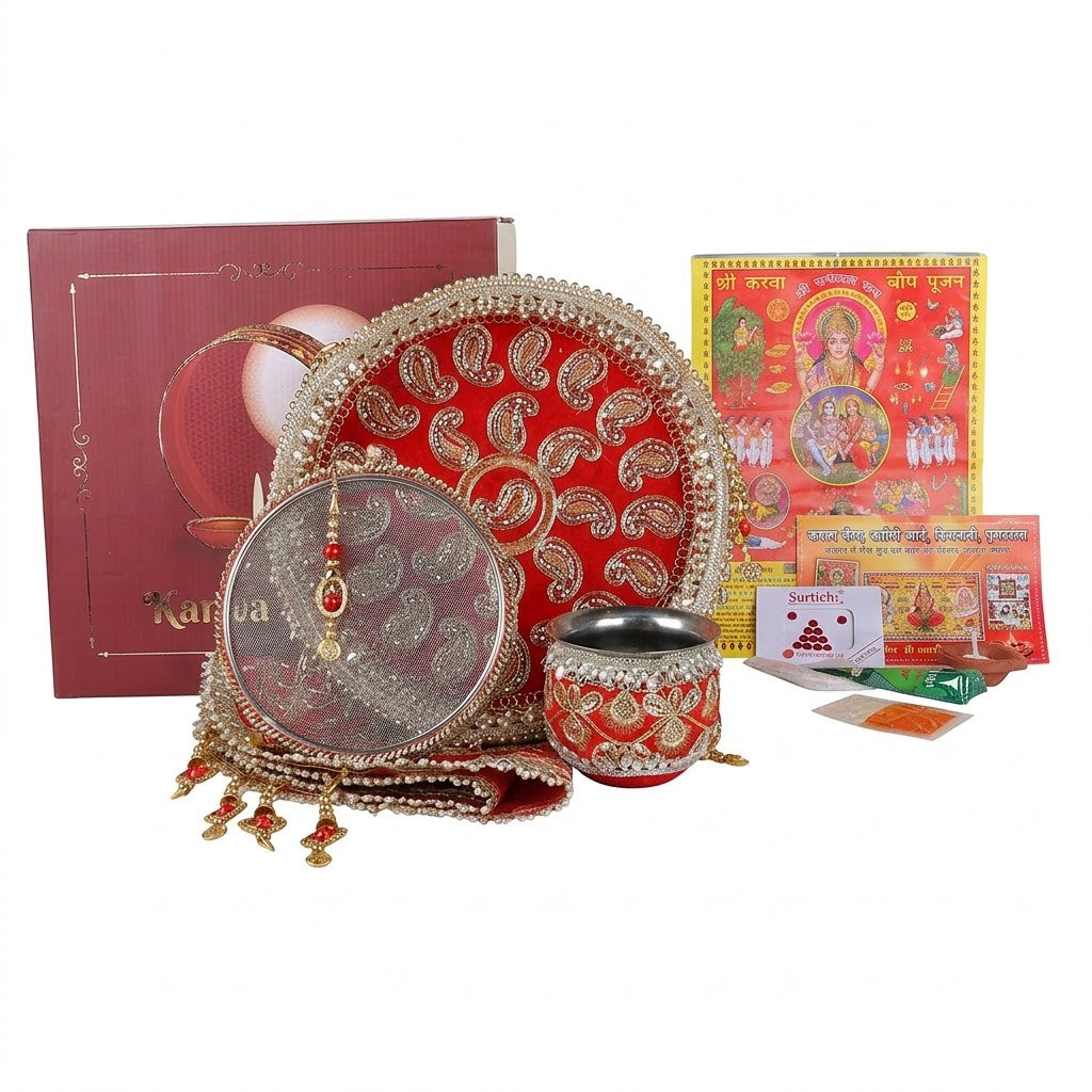 11 Pc Red Embroidery Karwa Chauth Thali Set