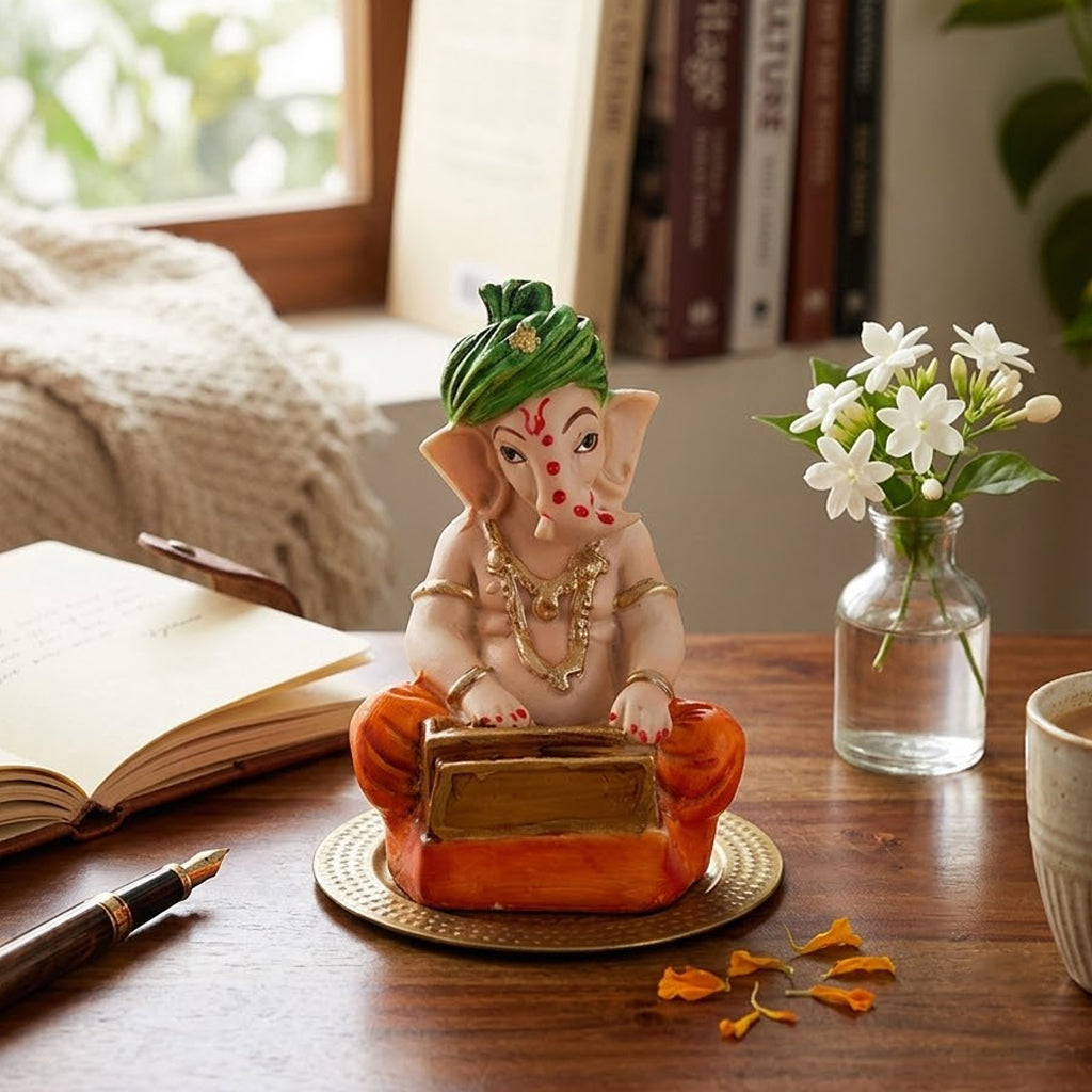 Playing Harmonium Hand-Painted Sitting Ganpati Statue