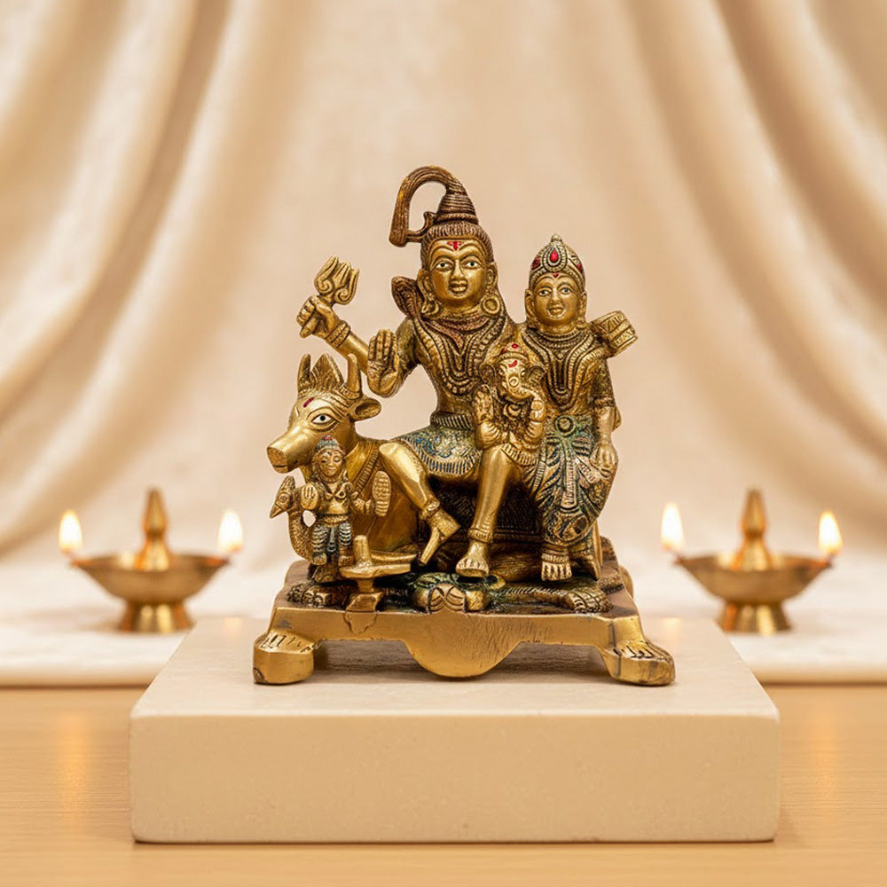 7.5 Inch Elegant Brass Shiva Family Statue – Featuring Lord Shiva, Parvati, Ganesha, and Kartikeya for Temple or Home Decor. India's Largest Puja Accessories Brand - Satvik No. 1 Brass Idol Collection