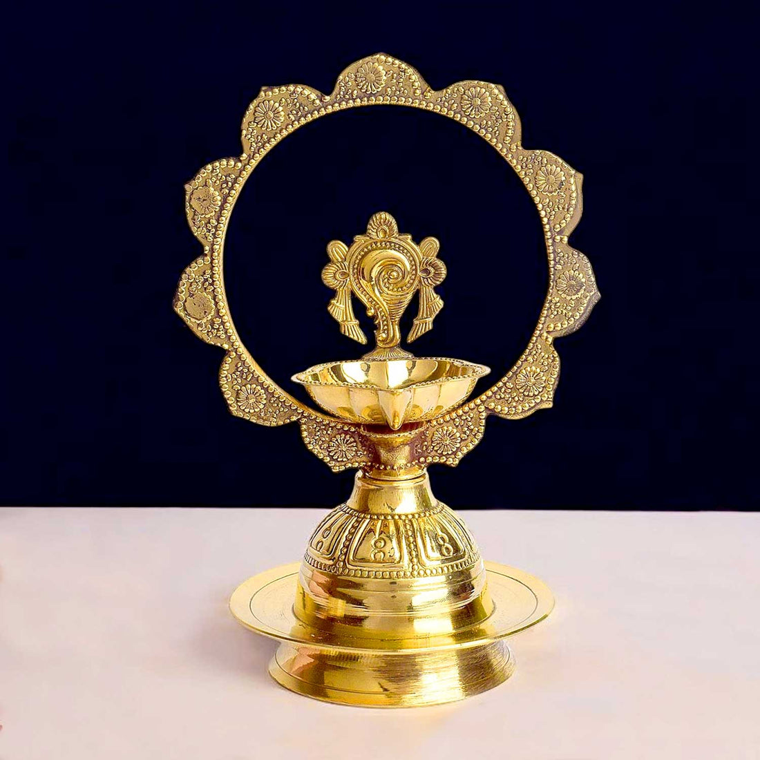 7.5 Inch Embossed Shankh Morkiran Brass Diya