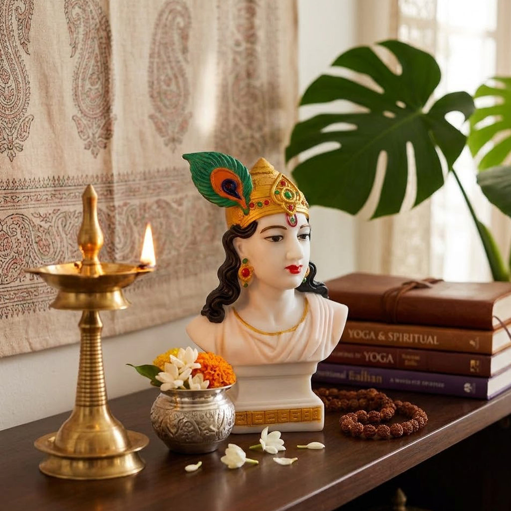 Premium Hand Painted Marble Dust Krishna Bust Statue