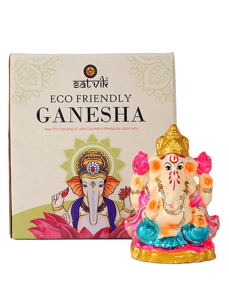 4 Inch Eco Friendly Ganesha Idol with Pink Lotuses & Golden Mukut