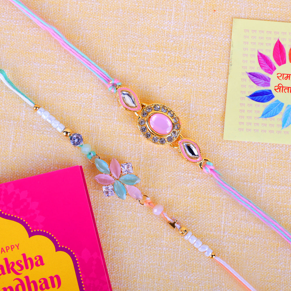 Pastel Pink Oval Stone Floral Cluster Designer Rakhi (Set of 2)