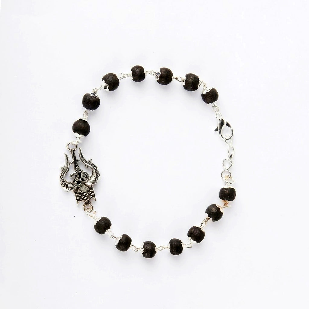 Silver Plated Karungali Bracelet with Om Trishul Charm