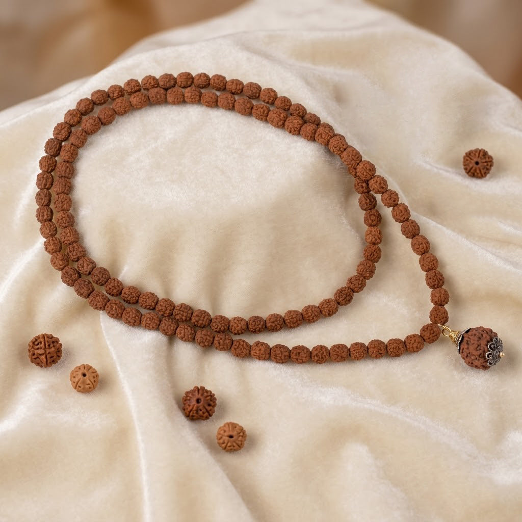 5 Mukhi Rudraksha Mala with Silver-Plated Capping Beads