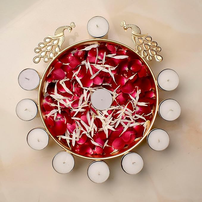 Decorative Metal Peacock Flower Urli with Tea Light