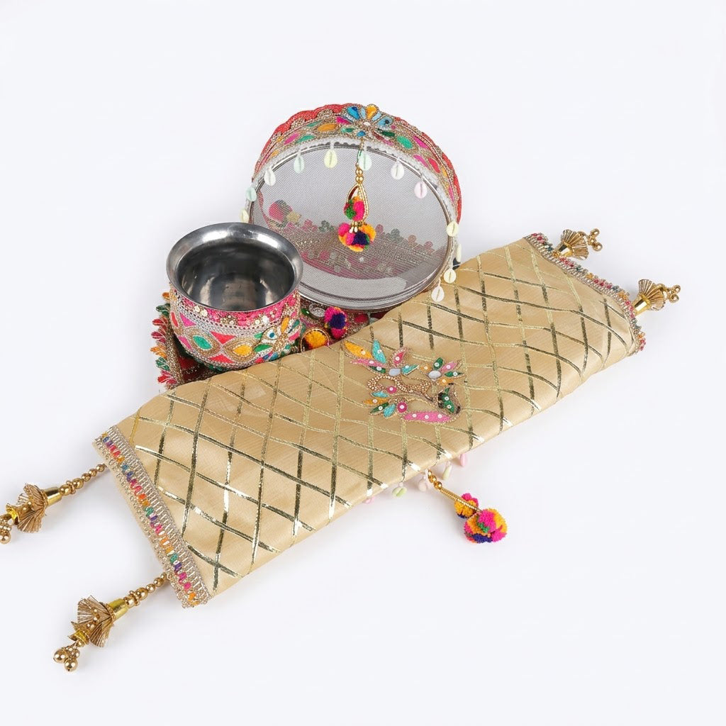 11 Pc Golden Criss Cross Peacock Designer Karwa Chauth Thali Set