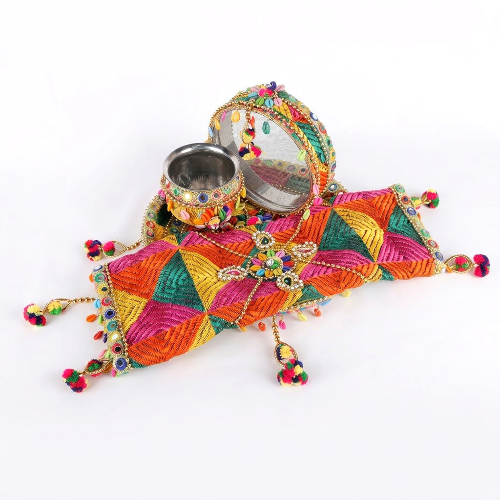 11 Pc Multicolor Thread Work Karwa Chauth Thali Set