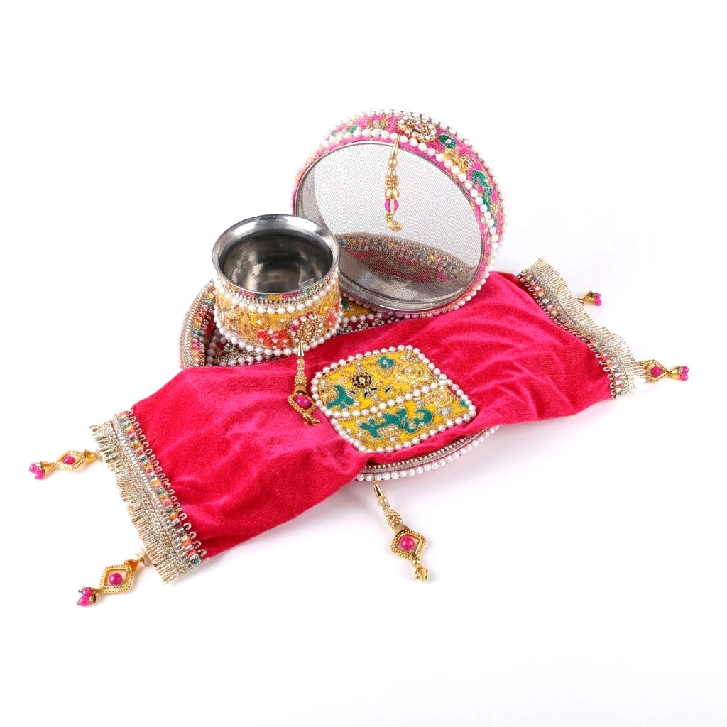 11 Pc Deep Pink Embroidery Karwa Chauth Thali Set