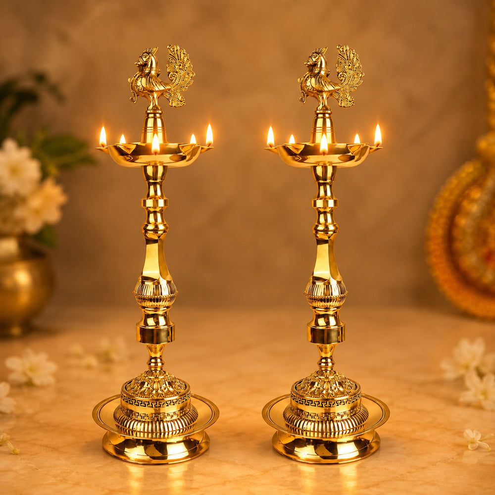 23 Inch 1 Step Brass Embossed Peacock Kerala Stand Diya