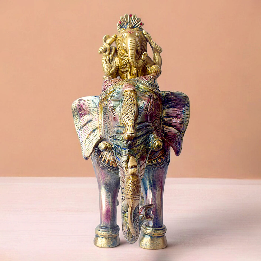 8 Inch Brass Lord Ganesh Sitting On A Elephant Riding With Riddhi And Siddhi