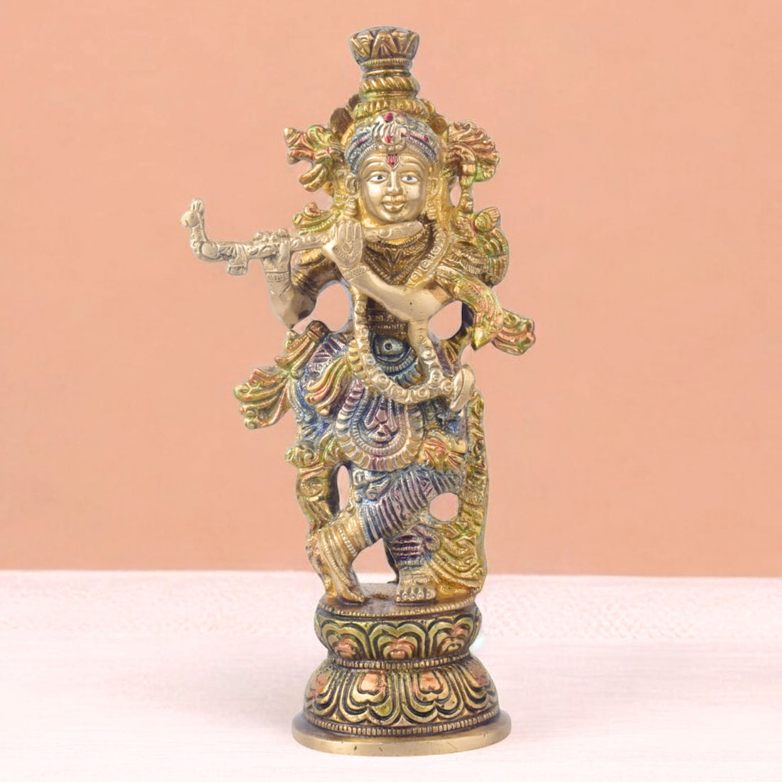 The 9.3 Inch Krishna Idol A Spiritual Icon of Joy and Devotion beautifully captures the essence of Lord Krishna’s divine playfulness and unwavering devotion. Crafted with intricate detail, this idol showcases Krishna in a serene and joyful pose, with his flute in hand, symbolizing the melody of love and spiritual bliss.