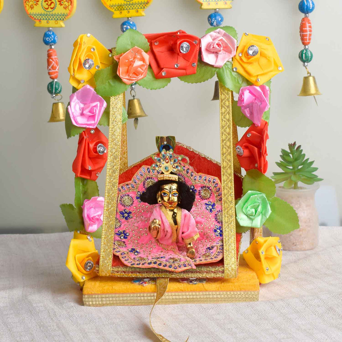 Royal Wooden Velvet Jhula β Floral Gota Swing for Laddu Gopal