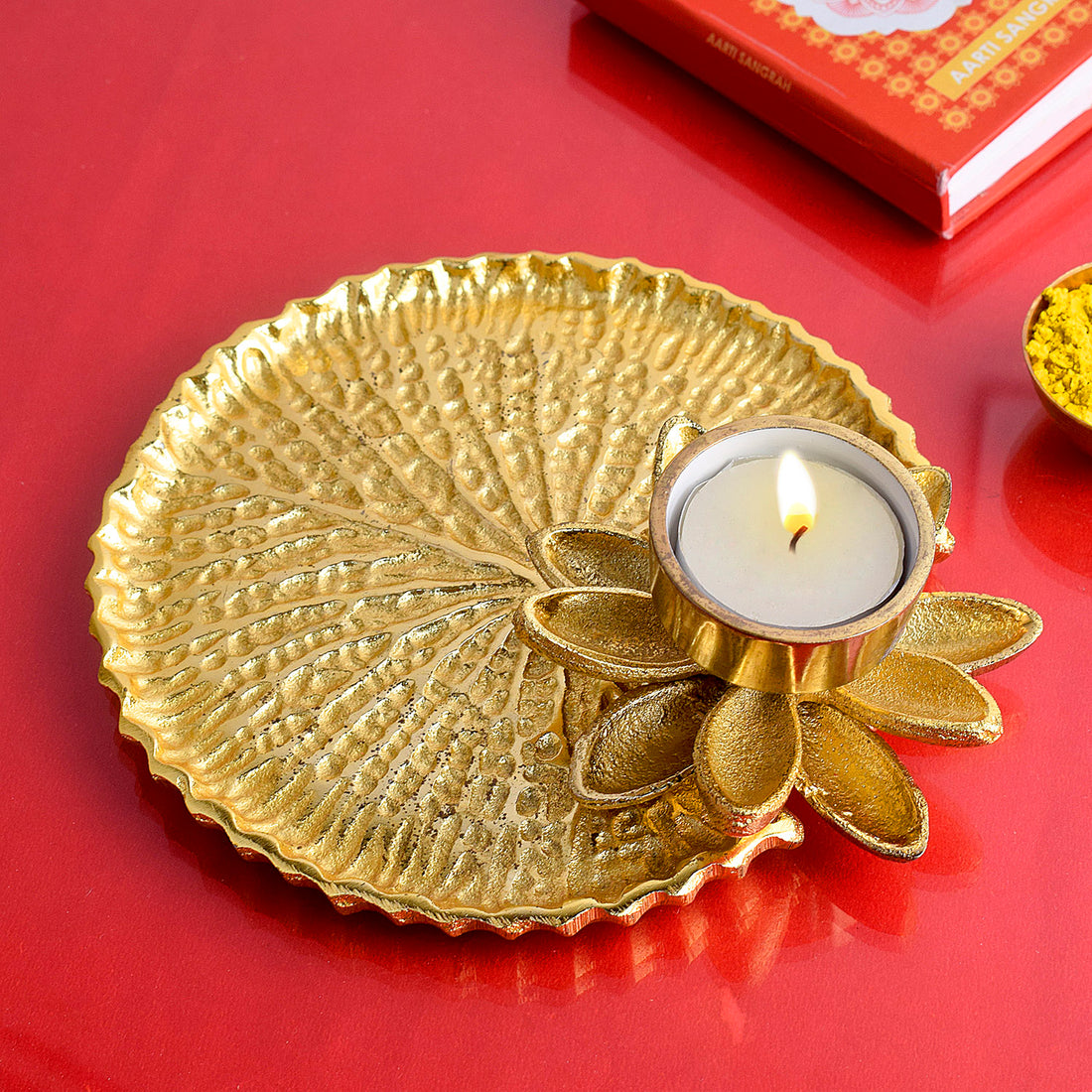 Adorable gold and white pooja thali platter with elegant finish for festive rituals and home temple decor Indiaβs Largest Pooja Accessories Brand β www.satvikstore.in