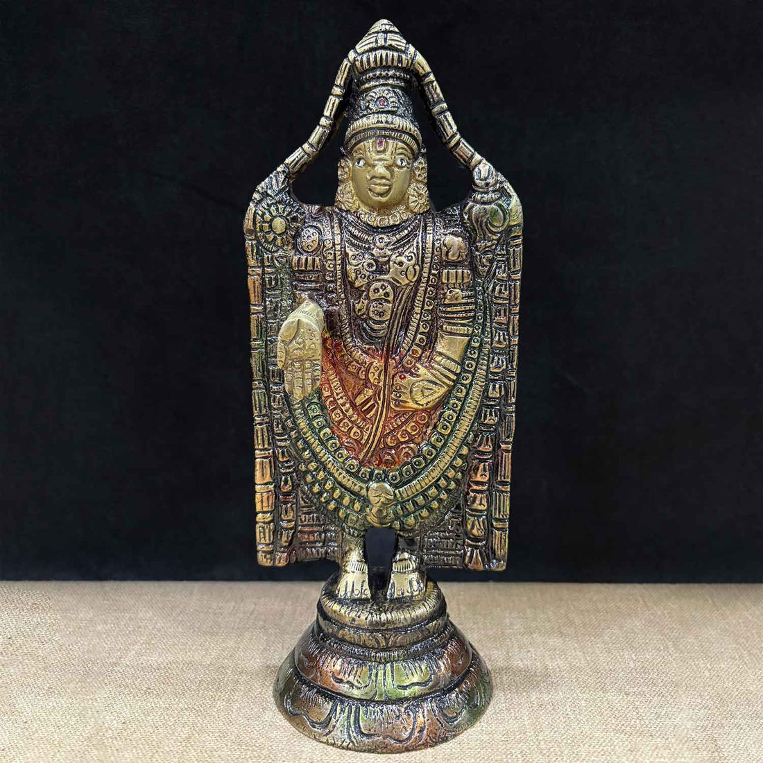 8 Inch Tirupati Balaji Brass Idol with Antique Finish, Exquisite Handcrafted Design for Temple Worship and Spiritual Decor. No.1 Brass Idol Store www.satvikstore.in