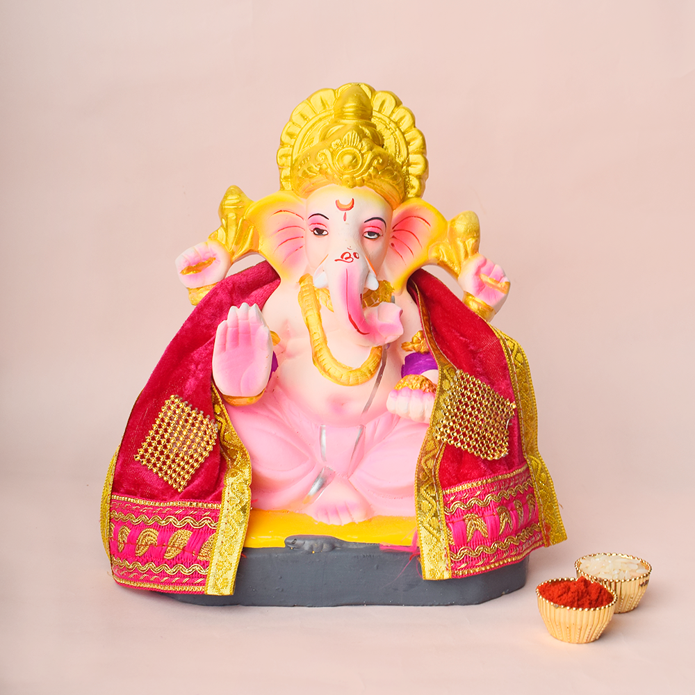 Premium Pink Velvet Ganpati Idol Patka with Beaded Work - 15 Inch