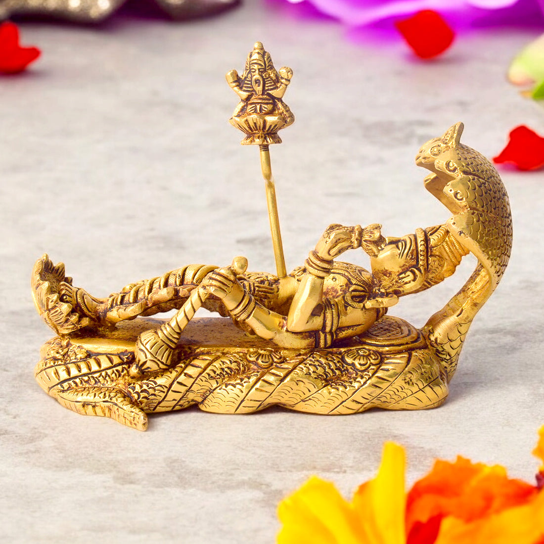 5.3 Inch Brass Vishnu Padmanabha Statue – Lord Vishnu Sleeping on Sheshnag