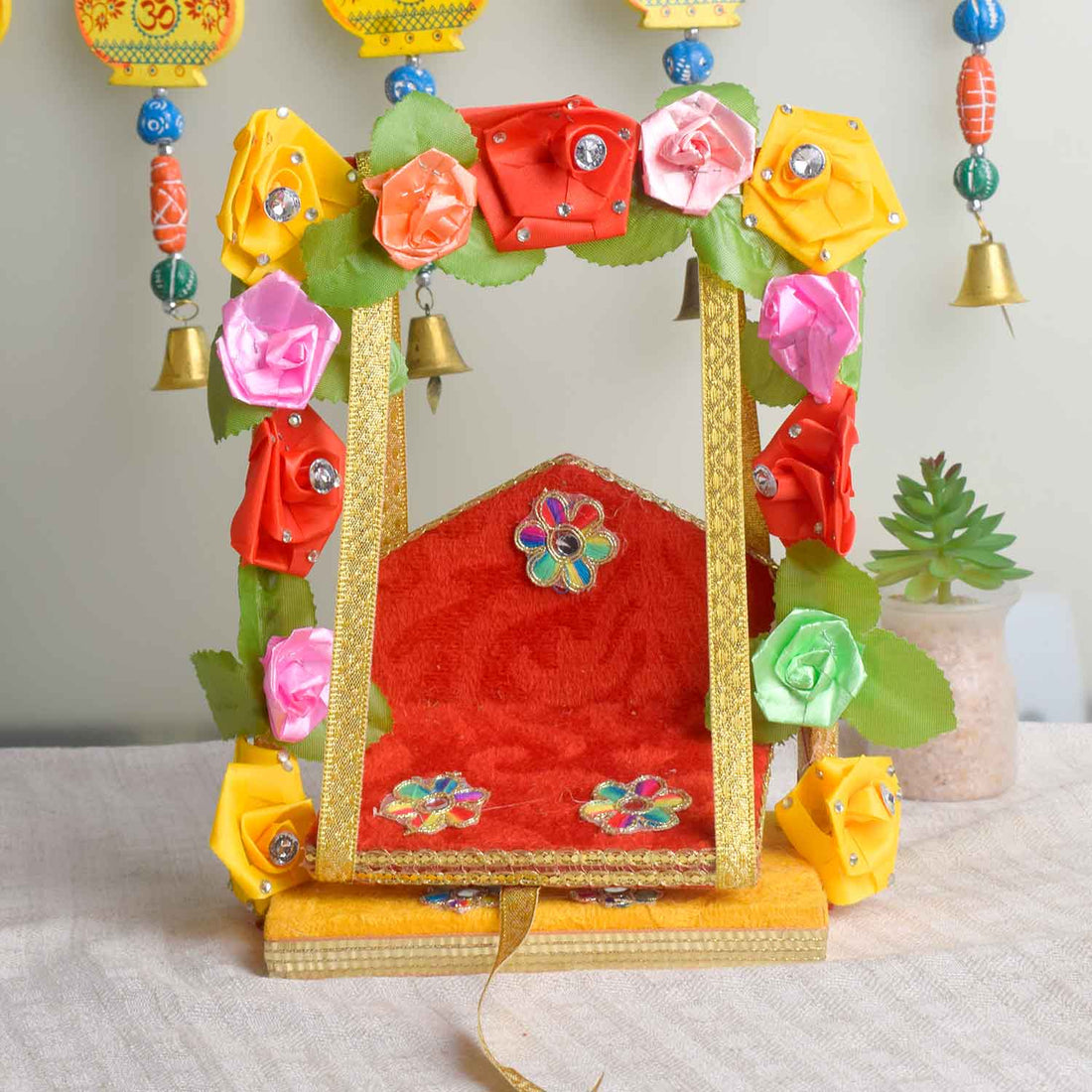 Royal Wooden Velvet Jhula β Floral Gota Swing for Laddu Gopal
