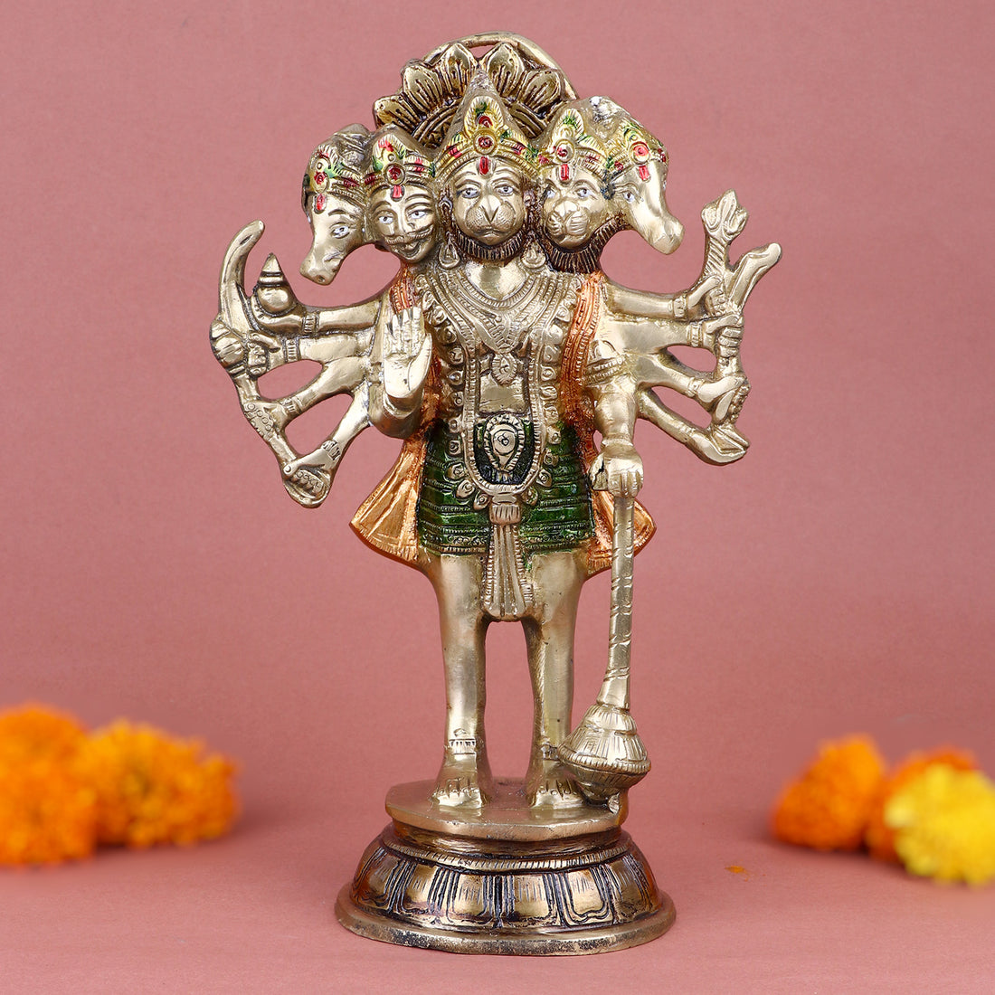 10.2-inch handcrafted brass Panchmukhi Hanuman statue in standing pose, showcasing divine power and intricate detailing for spiritual home décor. No.1 Brass Idol Store www.satvikstore.in