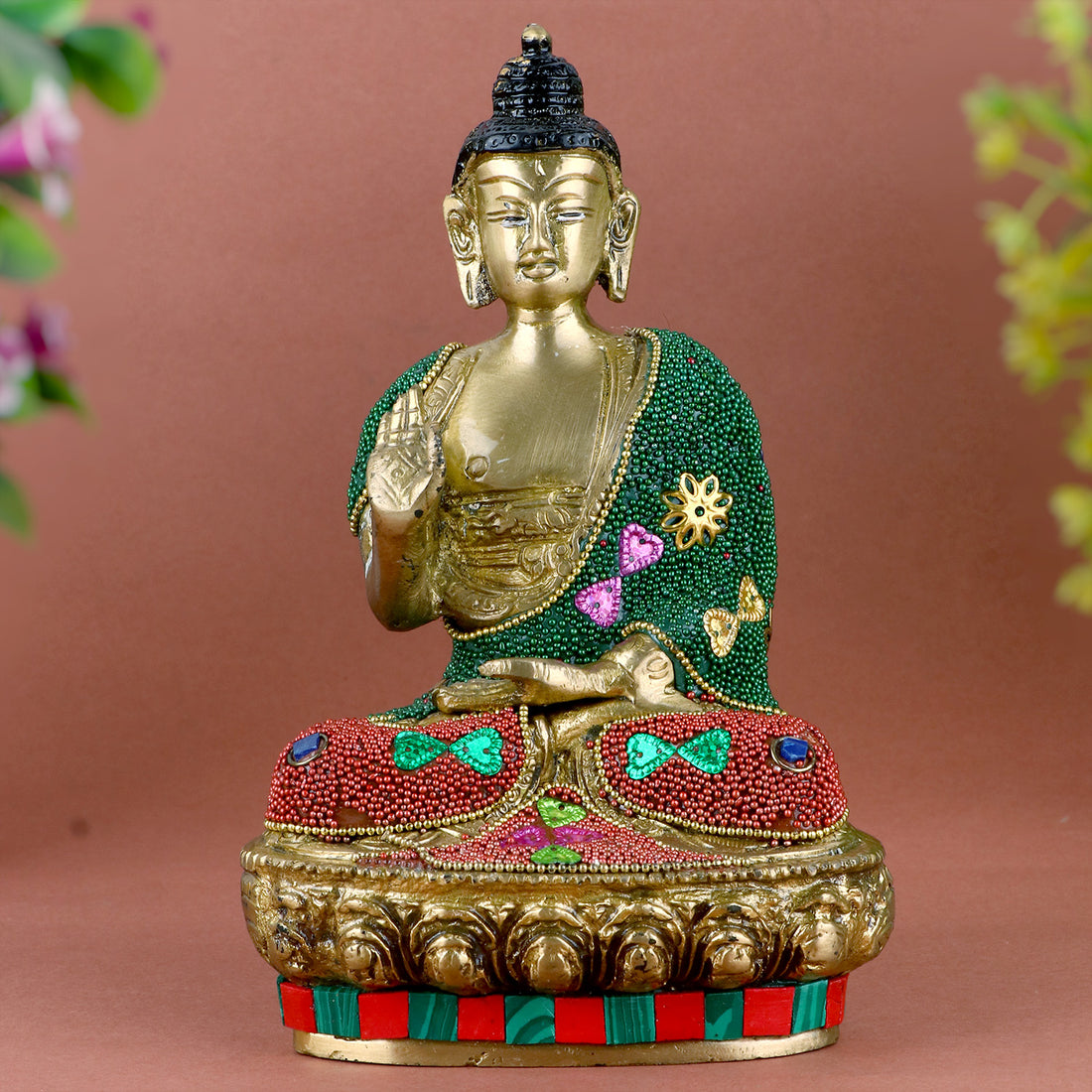 3.5 Inch Decorated Brass Buddha Idol – Intricately Crafted Small Buddha Statue with Ornamental Detailing, Symbolizing Peace, Enlightenment, and Tranquility for Home or Office Decor. No.1 Brass Idol Store www.satvikstore.in