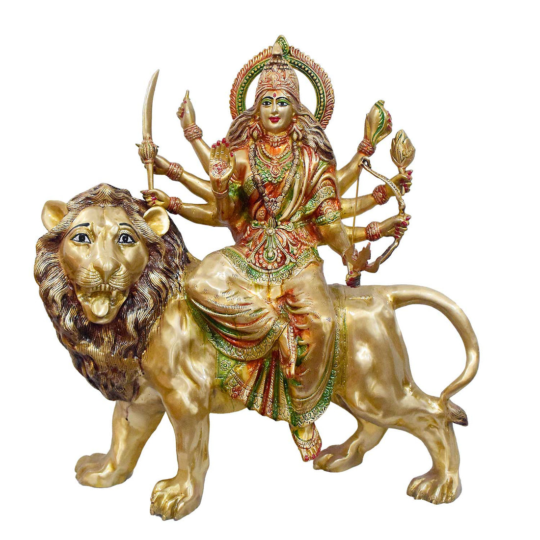 Handcrafted brass statue of Goddess Durga riding her majestic lion, holding various weapons including a sword and bow. Best for VIP Gift, best for big premium gift, best for your temple. India's Largest Puja Accessories Brand - Satvik No. 1 Brass Idol Collection