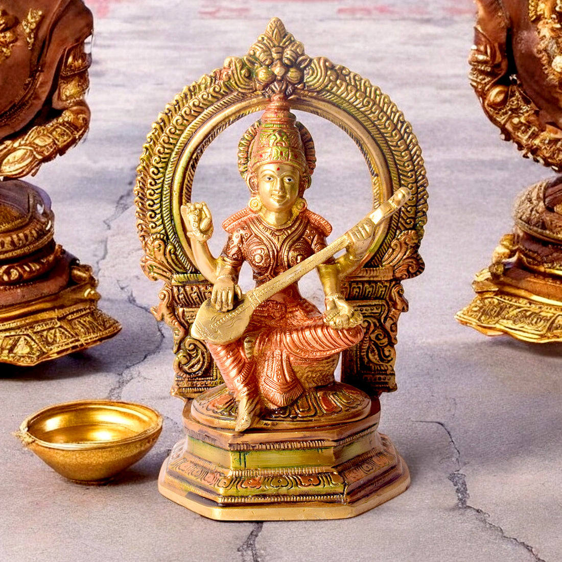 9.2 Inch Brass Goddess Saraswati Statue depicting the deity seated gracefully with veena, symbolizing wisdom, knowledge, and arts, ideal for home temple or study dΓ©cor. No.1 Brass Idol Store www.satvikstore.in