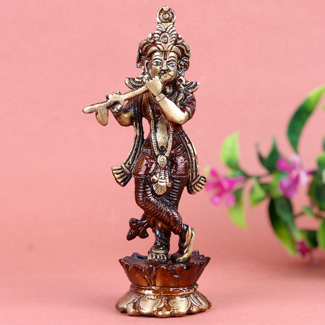 7.2 Inch Brass Krishna Idol with elegant flute-playing posture and fine detailing – perfect for home temple, Janmashtami celebrations, and spiritual décor No.1 Brass Idol Store www.satvikstore.in