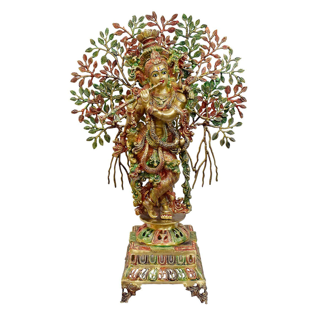 Handcrafted large brass statue of Lord Krishna playing the flute under the Kalpavriksha tree, glossy finish, weight 29150 grams, height 87 cm, length 57 cm. Best for VIP Gift, best for big premium gift, best for your temple. India's Largest Puja Accessories Brand - Satvik No. 1 Brass Idol Collection