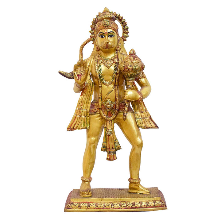 Handcrafted brass statue of Lord Hanuman standing with a gada (mace) and blessing gesture. Best for a VIP Gift, best for a big premium gift, and best for your temple. India's Largest Puja Accessories Brand - Satvik No. 1 Brass Idol Collection
