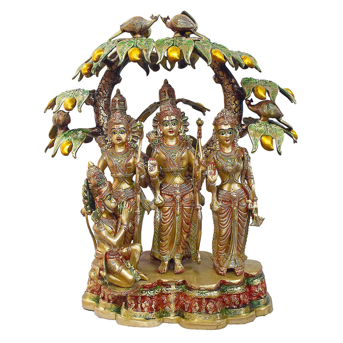 Handcrafted Brass Ram Darbar Idol with Mango Tree | Featuring Lord Ram, Sita, Lakshman & Hanuman in Glossy Multicolor Finish | 75 cm Tall & 51.8 kg | Ideal for Home Temple Decor & Festive Gifting | Premium South Indian Style Brass Sculpture | India's Largest Puja Accessories Brand - Satvik No. 1 Brass Idol Collection