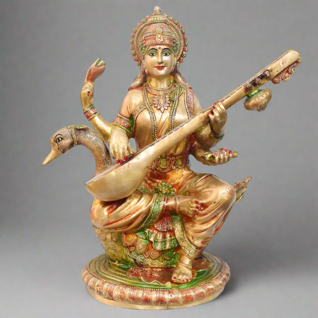 Temple-size brass Saraswati idol with glossy finish – 92 cm (36 inches) height, 63 cm (25 inches) length, and 30150 grams (30.15 kg) weight. This handcrafted temple size murti is made from high-quality brass, perfect for home temples, puja, and gifting. Buy premium temple size statues from India's Large Puja Accessories Brand - Satvik No. 1 Brass Idol Collection