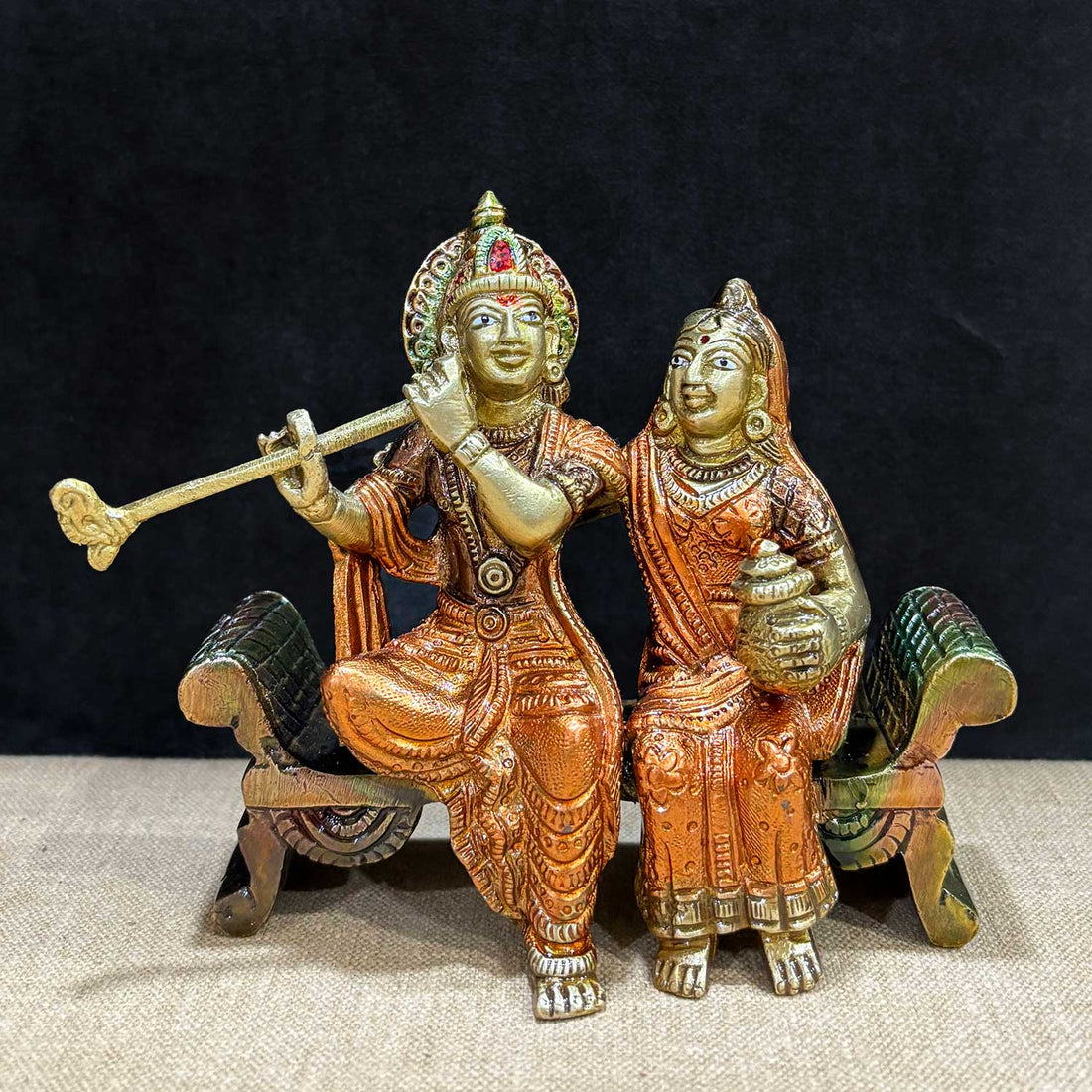 4.7 Inch Graceful Sitting Radha Krishna on Bench β Handcrafted Brass Spiritual Masterpiece for Love, Devotion, and Home Decor. No.1 Brass Idol Store www.satvikstore.in