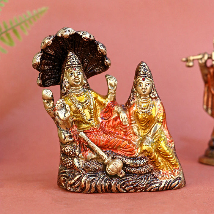 2.3 Inch Brass Small Vishnu Laxmi Statue featuring Lord Vishnu and Goddess Lakshmi in a compact, elegant form — perfect for home altar, gifting, and daily worship. No.1 Brass Idol Store www.satvikstore.in